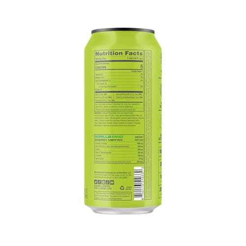 Gorilla Mind Energy Drink | Unmatched Energy  Amplified Focus | N-Acetyl-L-Tyrosine  Alpha-GPC  200mg Caffeine  Uridine  Saffron | 0 Sugar Or Artificial Colors | 16oz  12-Pack (Citrus Rain)