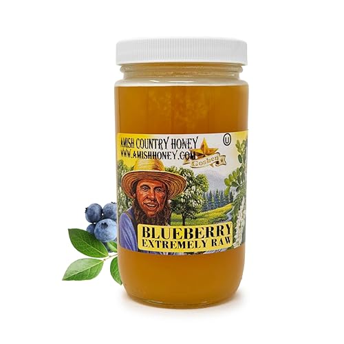 Goshen Amish Country Extremely Raw Blueberry Honey - Unfiltered, Unprocessed, Pure & Natural - Harvested in the USA - Rich Flavor for Tea, Cooking, Wellbeing - Kosher Certified - 16oz Glass Jar