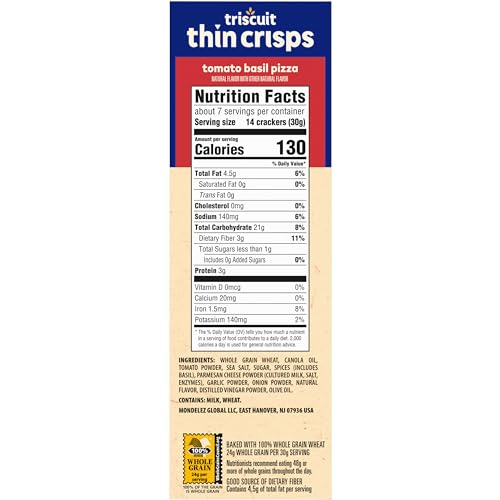 Triscuit Thin Crisps Tomato Basil Pizza Whole Grain Wheat Crackers, Lunch Snacks, Bulk Snack Crackers, 6-7.1 oz Boxes