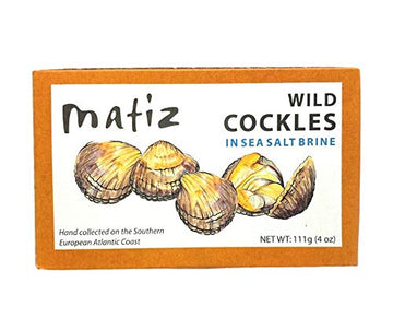 Matiz España Wild Cockles From Galicia, Spain In Natural Sea Salt Brine (4 Oz.) Spanish Berberechos, Small Clams, Hand Packed, Size 45/55 (Pack Of 1)