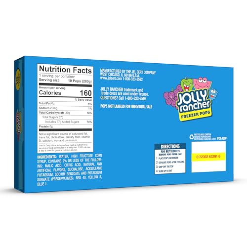 Jolly Rancher Freezer Bars, Assorted Flavors, 1 Oz Bars,10 Ice Bars (Pack of 2)