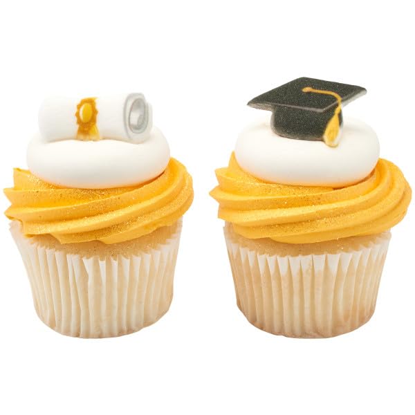 NCS Graduation Cap and Scroll Edible Sugar Cake Toppers, 12 Count, Black/White/Gold, 1.55 x 0.95 inches, Sugar Material