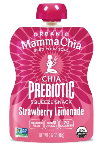 Mamma Chia Organic Prebiotic Squeeze Snack, Strawberry Lemonade, Fiber-Rich Prebiotic Gut Support,Usda Organic, Non-Gmo, Vegan, Gluten Free, 3.5 Ounce (Pack Of 4)