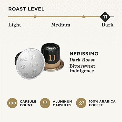 Peets Coffee Dark Roast Espresso Pods, Nerissimo Intensity 11, 100 Count, Brown, Model 513524