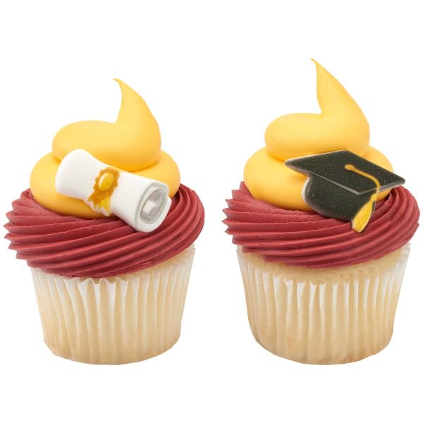 NCS Graduation Cap and Scroll Edible Sugar Cake Toppers, 12 Count, Black/White/Gold, 1.55 x 0.95 inches, Sugar Material
