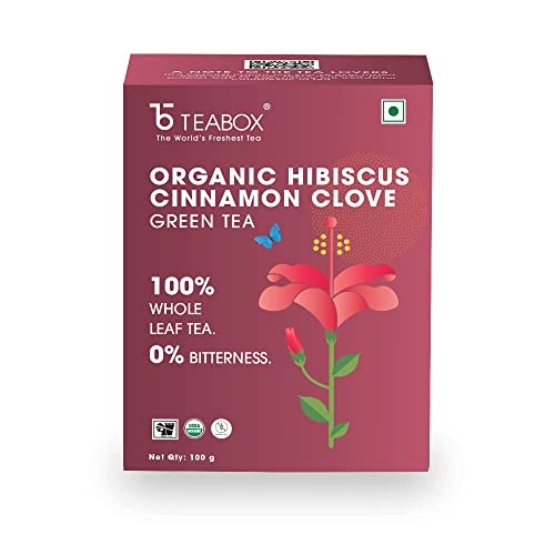 Teabox ORGANIC Hibiscus Cinnamon Clove Green Tea 100 grams Loose Tea | Immune System Booster and Weight Management | Natural Hib