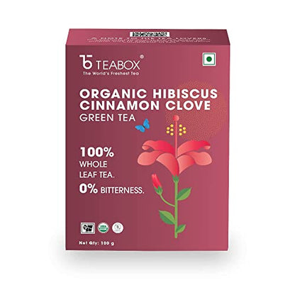 Teabox ORGANIC Hibiscus Cinnamon Clove Green Tea 100 grams Loose Tea | Immune System Booster and Weight Management | Natural Hib