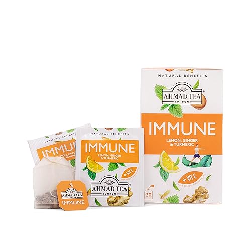 Ahmad Tea Herbal Tea, Lemon, Ginger, Turmeric, & Vitamin C 'Immune' Natural Benefits Teabags, 20 Ct (Pack Of 6) - Decaffeinated & Sugar-Free