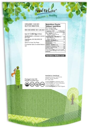 Food to Live Organic Cacao Butter Wafers, 8 Pounds - Non-GMO, Raw, Pure, Unfiltered, Unrefined, Keto, Vegan Superfood, Bulk, Mad