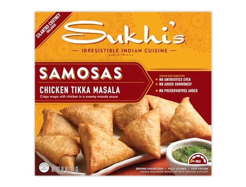 Sukhis Indian Chicken Tikka Masala Samosa Frozen Appetizer Snack with Cilantro Chutney Dipping Sauce 10oz