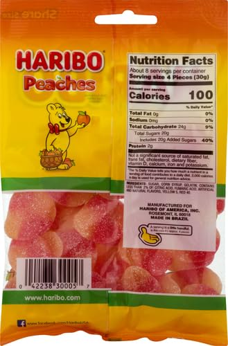Haribo Gummy Candy, Peaches Gummies, Large Peg Bag, 8 Oz