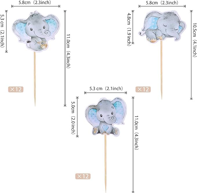 YCTHUNFISH Elephant Cupcake Toppers - 36 Pack, Blue, Paper, Ideal for Birthday Parties and Baby Showers