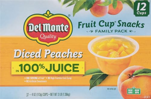 DEL MONTE Diced Peaches FRUIT CUP Snacks in 100% Fruit Juice, 12 Pack, 4 oz