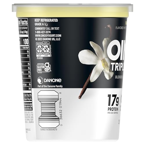 Oikos Triple Zero Vanilla Nonfat Greek Yogurt Tub, 0% Fat, 0g Added Sugar and 0 Artificial Sweeteners, Just Delicious High Prote