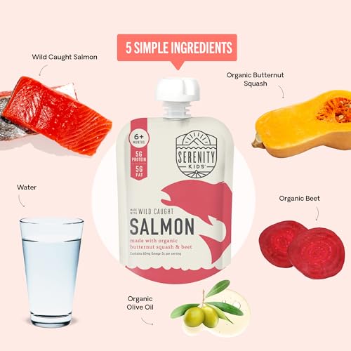 Serenity Kids 6+ Months Baby Food Pouches Puree Made With Ethically Sourced Meats & Organic Veggies | 3.5 Ounce Bpa-Free Pouch | Wild Caught Salmon, Butternut Squash, Beet | 1 Count