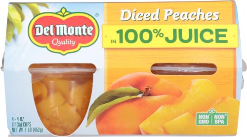 Del Monte Diced Peaches in 100% Juice, 4oz (4 Cups) Fruit Cup Snacks