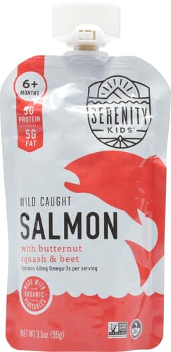 Serenity Kids 6+ Months Baby Food Pouches Puree Made With Ethically Sourced Meats & Organic Veggies | 3.5 Ounce Bpa-Free Pouch | Wild Caught Salmon, Butternut Squash, Beet | 1 Count