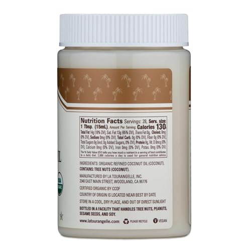 La Tourangelle, Organic Coconut Oil, Refined, For Cooking, Baking, Hair, And Skin Care, Expeller Pressed, 14 Fl Oz