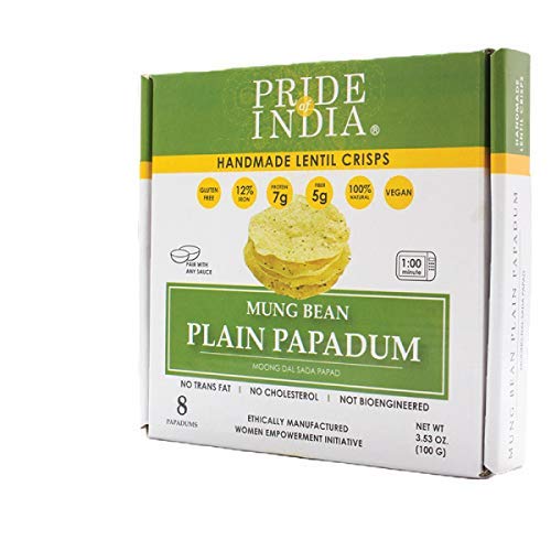 Pride Of India - Mung Bean Plain Papadum Lentil Crisp, Pack of 6-10 count (3.53oz - 100gm) - Protein Fiber & Iron Rich, Gluten-F