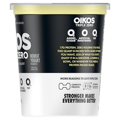 Oikos Triple Zero Vanilla Nonfat Greek Yogurt Tub, 0% Fat, 0g Added Sugar and 0 Artificial Sweeteners, Just Delicious High Prote