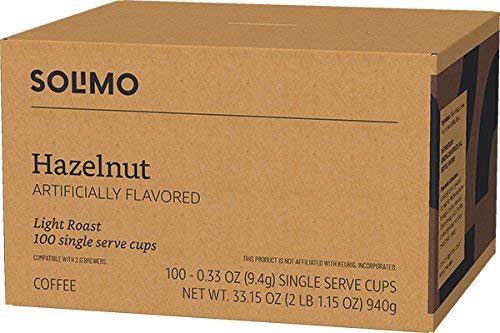 Solimo Light Roast Coffee Pods, Hazelnut Flavor, Compatible with Keurig 2.0, 100 Count, Pack of 1