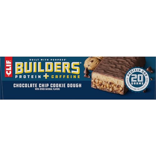 Clif Builders + Caffeine Protein Bars - Chocolate Chip Cookie Dough Flavor - 20G Plant Based Protein - Gluten Free - Non-Gmo - Low Glycemic - No Artificial Sweeteners - 2.4 Oz. (12 Pack)