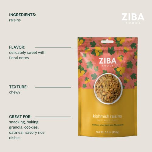 Ziba Foods Kishmish Raisins | Non-GMO  Vegan  Whole 30 Friendly & Paleo | Superfood Dry Fruit Raisins No Sugar Added & Naturally High in Fiber  Iron and Immune Boosting Antioxidants  5.3 oz