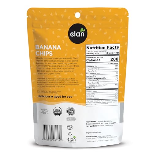 Elan Organic Banana Chips, 4.8 oz, Non-GMO, Vegan, Gluten-Free, Kosher, Sweetened with Organic Sugar, Crunchy Snacks, Sweet Snac