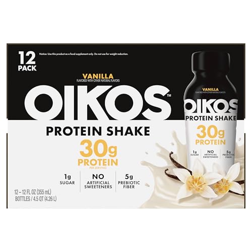 Oikos Protein Shake  Vanilla  30g High Protein Drinks  Shelf Stable  Ready to Drink  5g Prebiotic Fiber  12 fl oz Bottle  12 Count