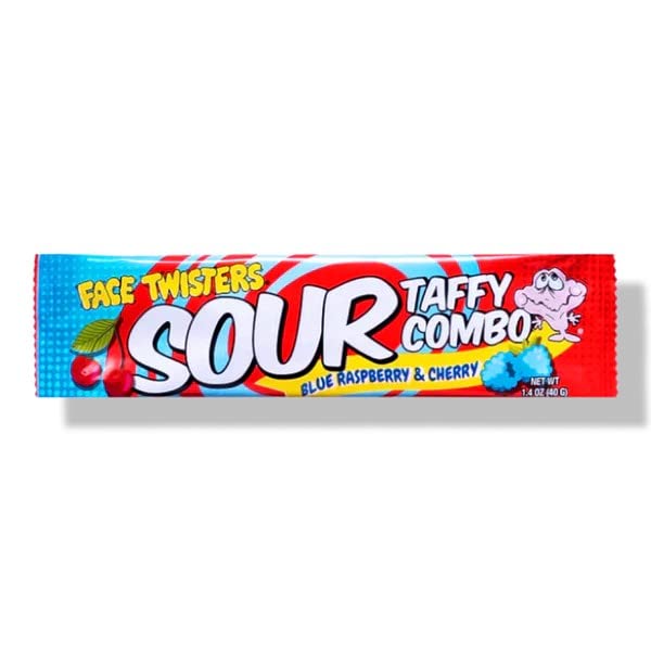 Face Twisters Sour Taffy Combo Blue Raspberry & Cherry 1.4 oz. Bar - Case of 24