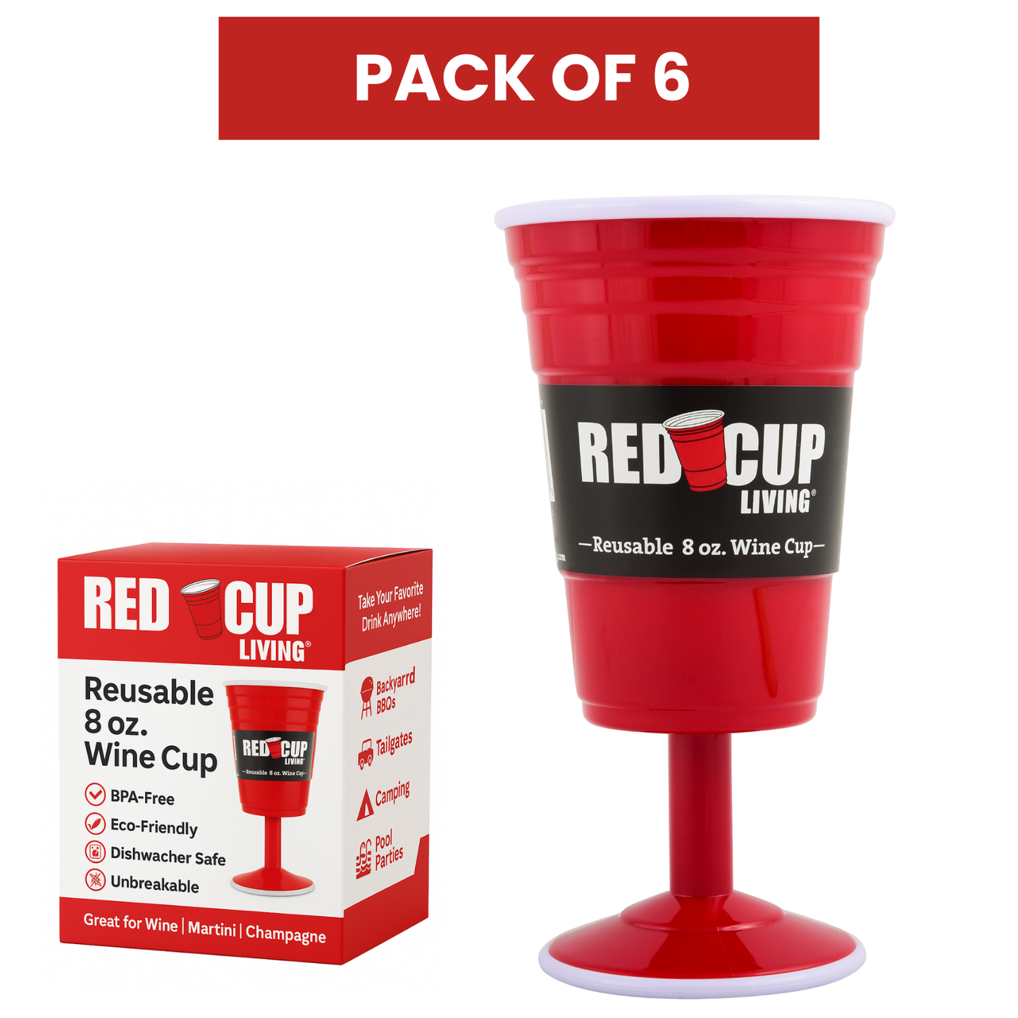 Redcupliving Reusable 8oz Stemmed Red Plastic Wine Cup