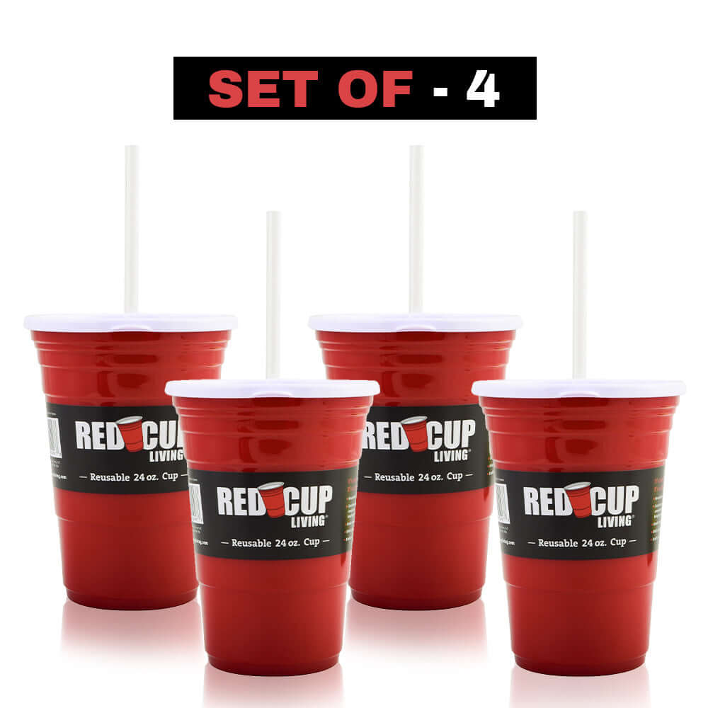 24oz Reusable Red Party Cups & Lids w/ Straws
