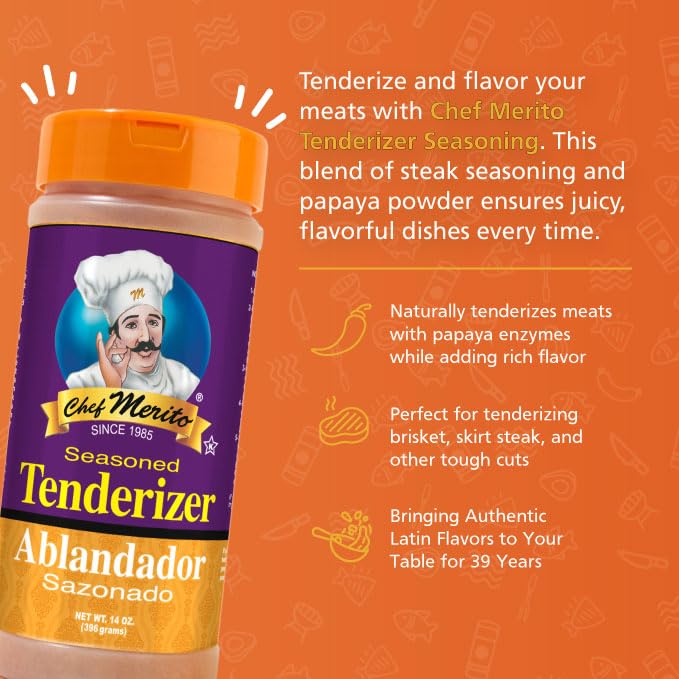 Chef Merito Seasoned Tenderizer 14 oz | Perfect for Beef, Pork & Poultry | Tenderizes & Enhances Flavor | Authentic Latin Flavor