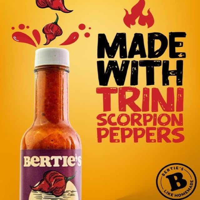 Bertie's Trinidad Scorpion Pepper Sauce - Insane Heat, 10 Oz (300ml) - Strong Flavor for Spice Lovers