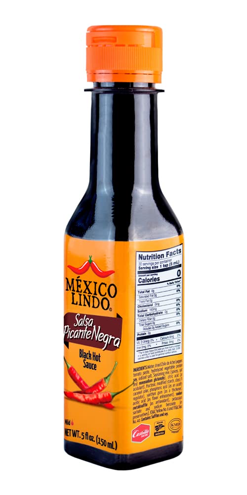 Mexico Lindo Picante Negra Hot Sauce | Light & Spicy | 8,400 Scoville Level | Great With Asian Food, Seafood & Meat | 5 Fl Oz Bottle (Pack Of 6)