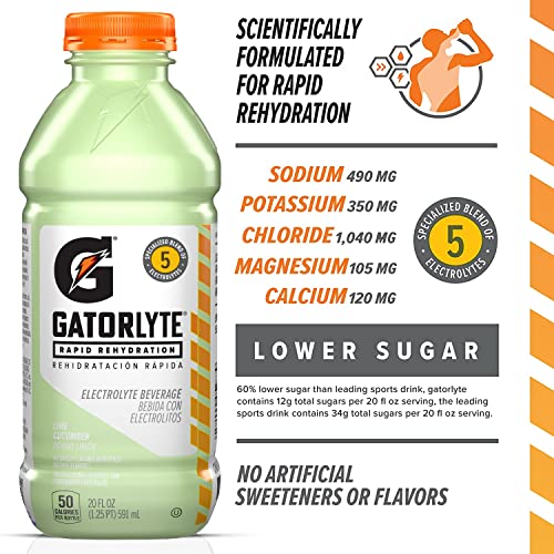Gatorade Rapid Rehydration Electrolyte Beverage, Lime Cucumber, 20oz Bottles (12 Pack)