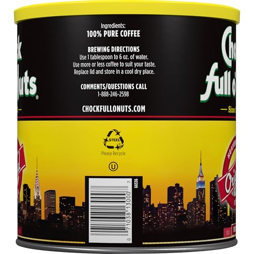 Chock Full o Nuts Heavenly Original Ground Coffee - enhanced Beans in Recyclable Steel Can - Rich Flavor & Aroma  Medium Roast - Perfect for Drip  Pour-Over  Percolator - 30.5 Oz Can  Pack of 6