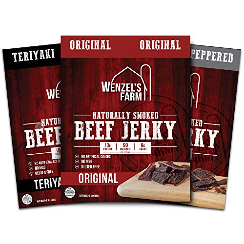 Wenzels Farm Beef Jerky Variety Pack - Includes Original, Teriyaki, And Peppered Beef Jerky - Naturally Smoked - No Msg - No Artificial Colors, Gluten Free - Pack Of 3, 3 Oz Bags