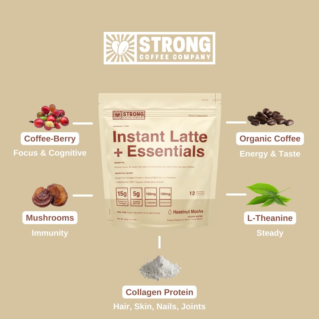 STRONG COFFEE COMPANY  INSTANT HAZELNUT LATTE - 12 Single Serving Packs  15g Protein  Instant Protein Coffee with Collagen  Adaptogens & Nootropics  No Crash  No Jitters