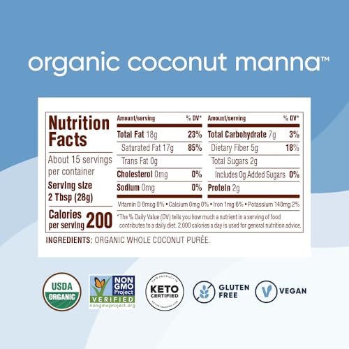 Nutiva Organic Coconut Manna Pur  ed Coconut Butter, 15 Oz, USDA Organic, Non-GMO, Vegan, Gluten-Free & Keto, Creamy Spread for