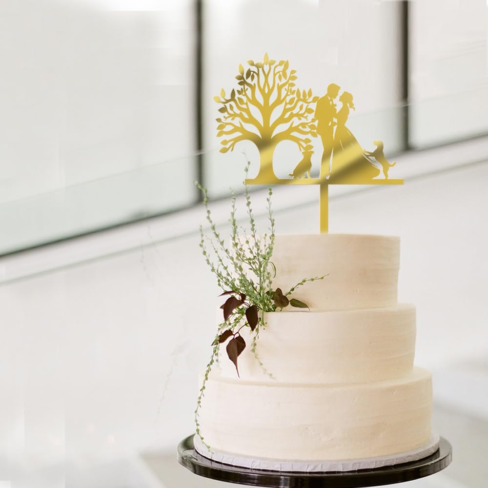 Acrylic Mr & Mrs Cake Topper -Wedding Engagement Bridal Shower Cake Topper,Bride Hold Groom With Flowers Besides 2 Pet Dogs Silh