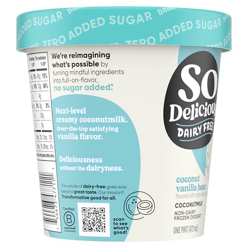So Delicious Dairy Free Coconut Milk Frozen Dessert, Vanilla Bean, No Sugar Added, Vegan, Non-GMO Project Verified, 1 Pint