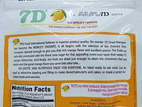7D Dried Mangoes, Naturally Delicious, Tree Ripened, 2.82 oz (Pack of 2)