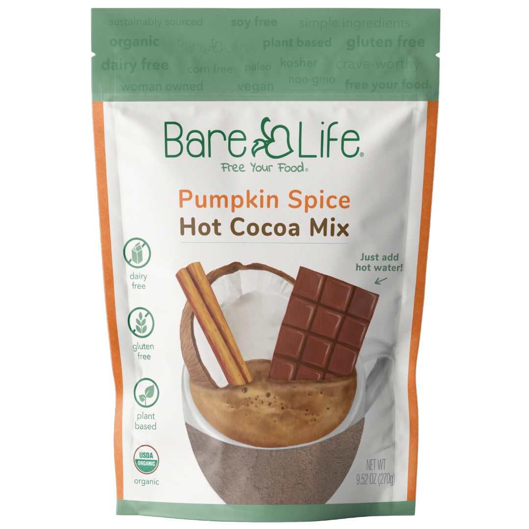 Bare Life: Instant Dairy Free Pumpkin Spice Hot Cocoa Mix - 10 Serving Pouch | Gluten Free, Vegan, Organic, Plant Based, Paleo, 
