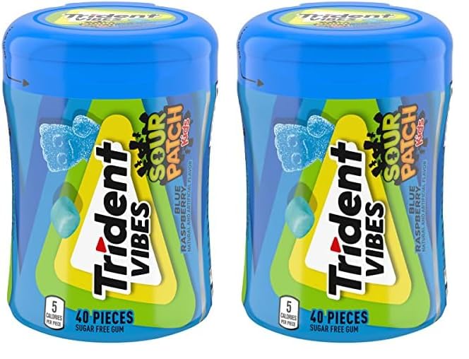 Trident Vibes Sour Patch Kids Blue Raspberry Sugar Free Gum, 40 Piece Bottle (Pack Of 2)