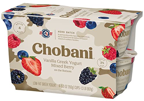 Chobani Low-Fat Vanilla Greek Yogurt, Mixed Berry on the Bottom 5.3oz 4-pack