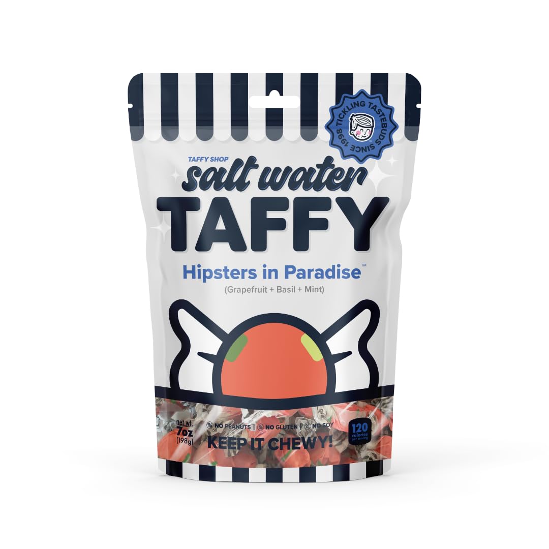 Taffy Shop Hipsters in Paradise, Grapefruit Basil Mint Salt Water Taffy - Gourmet Soft Chewy Candy, Bulk Sweet Snack, Fresh Gift