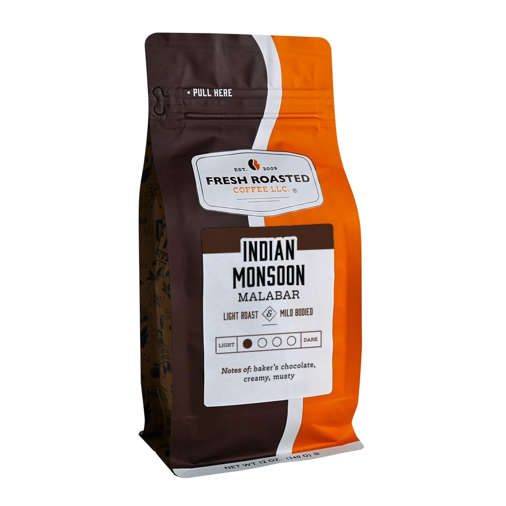 Fresh Roasted Coffee, Indian Monsoon Malabar, 12 Oz, Light Roast, Kosher, Whole Bean