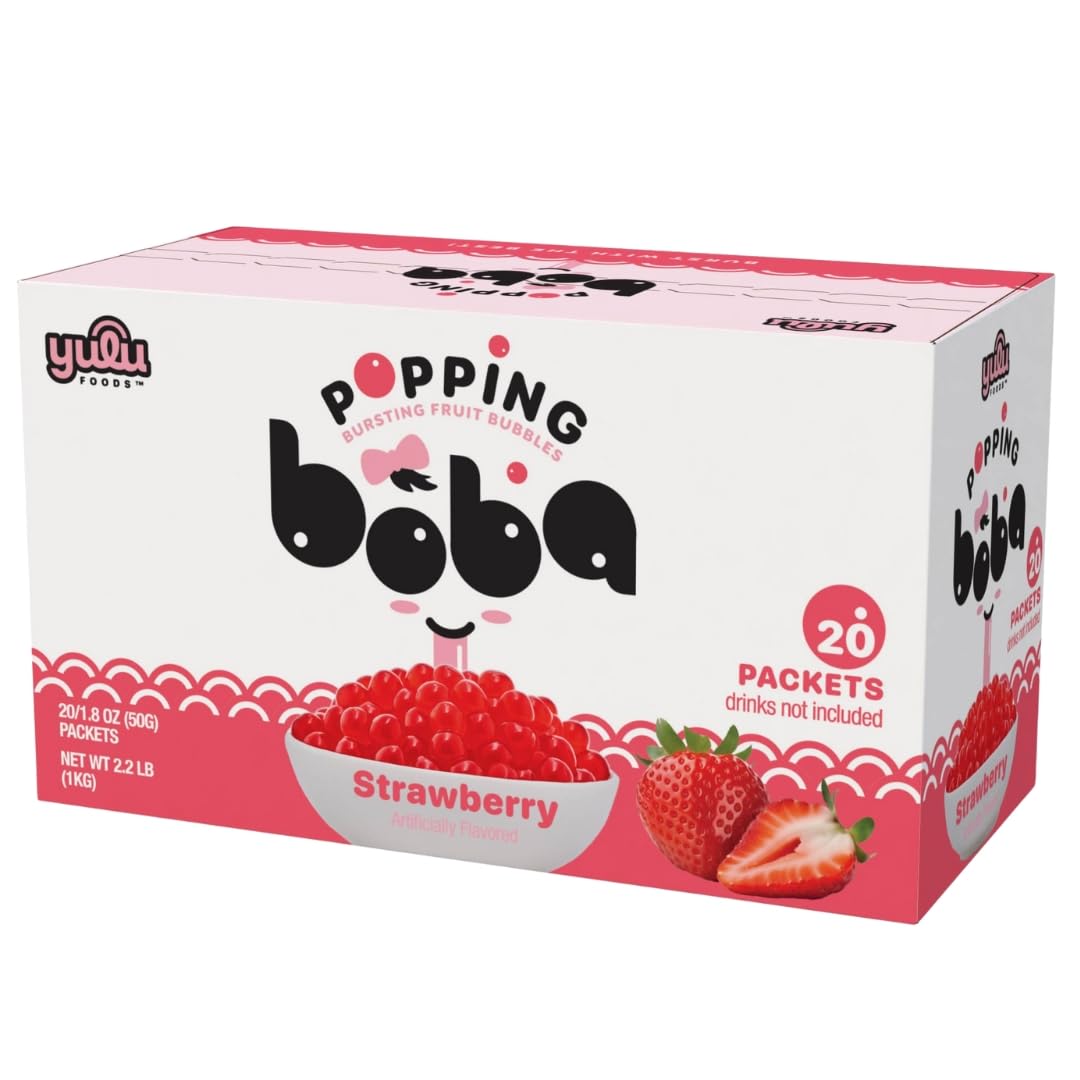 Yulu Foods Strawberry Popping Boba Pearls - Bursting Fruit Bubble Balls - 20 Pack Single-Serve Snacks - Ready To Eat  Less Mess Than Tub Boba  Kids Love It