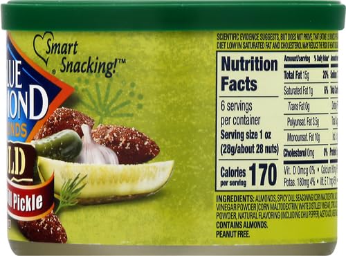 Blue Diamond Almonds Spicy Dill Pickle Flavored Snack Nuts, 6 Oz Resealable Can (Pack of 2)